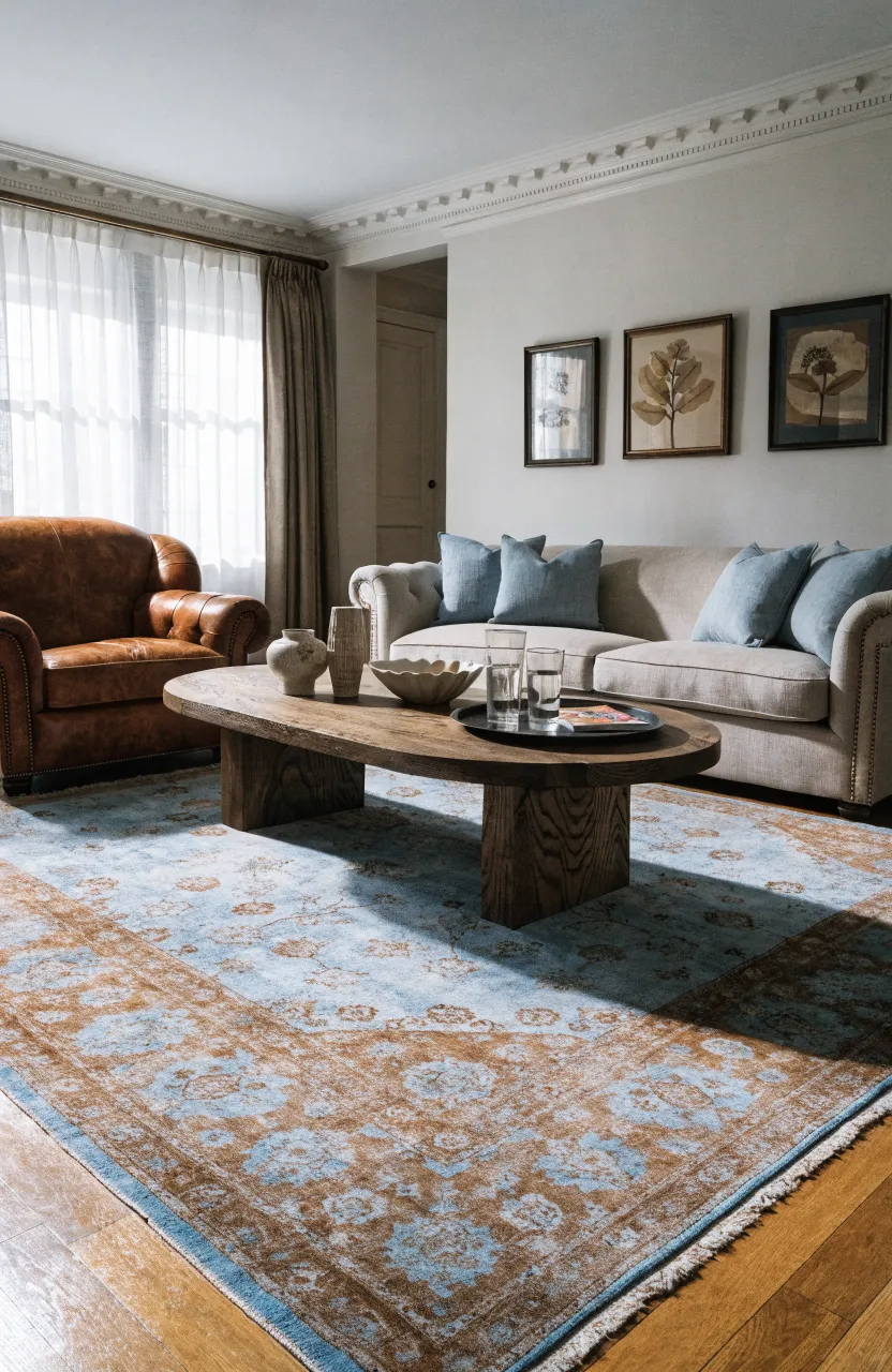 A distressed light blue and brown Persian rug in a living room with leather chairs and wood table.