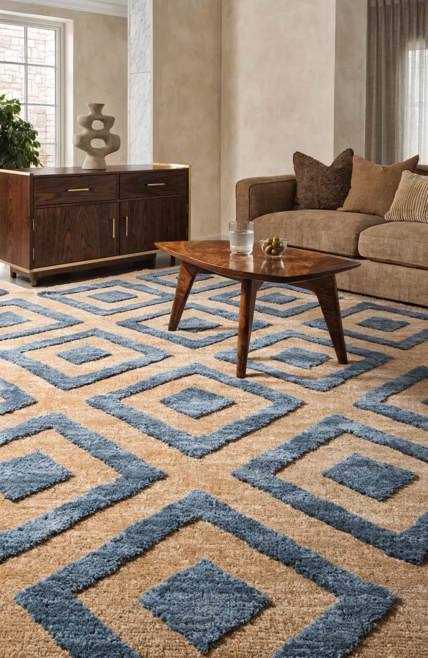 A tan wool rug with blue geometric diamond patterns in a mid-century modern living room.