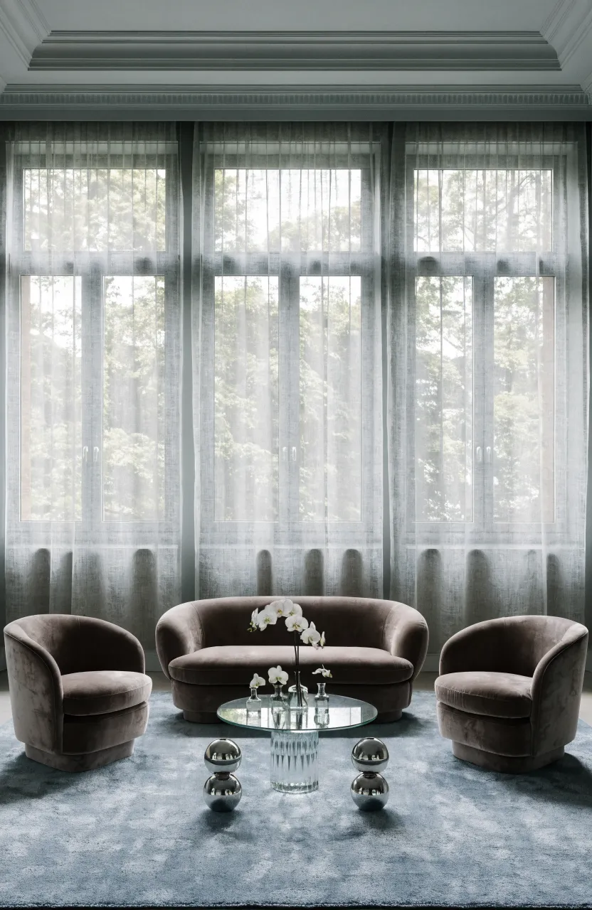 A soft blue-grey rug in a minimalist living room with taupe sofas and light grey walls.
