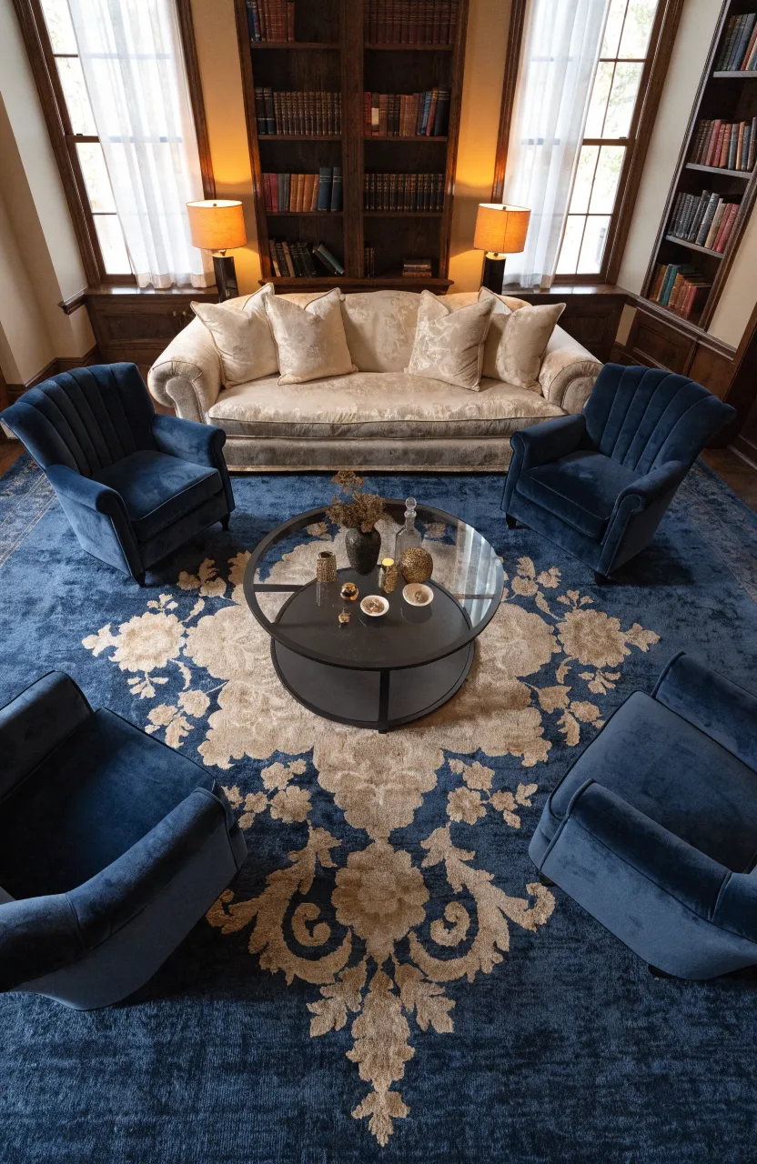 A navy blue rug with a central cream medallion in a formal living room with traditional furniture.