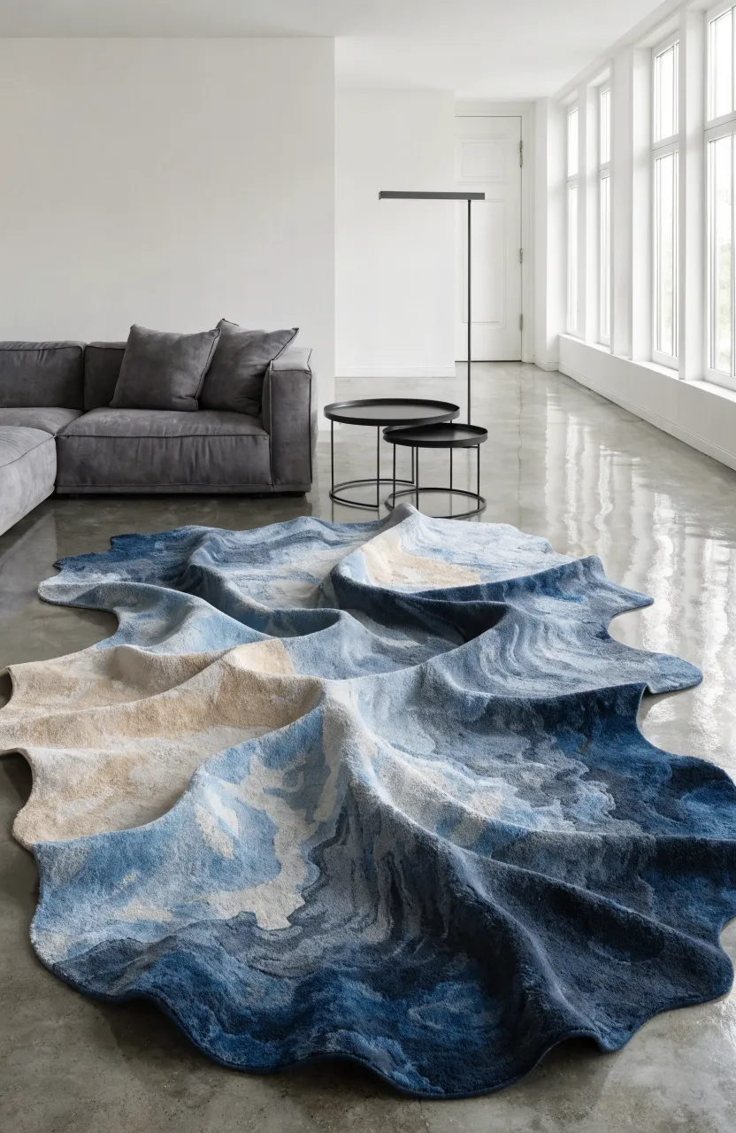 An abstract marbled rug with blue and beige tones in a modern minimalist living room.