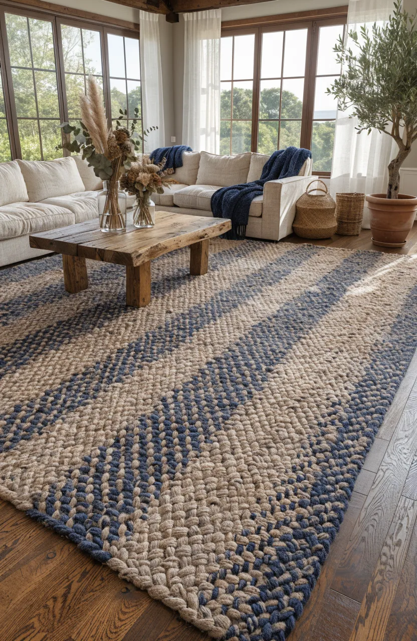 A wide living room featuring a speckled taupe and blue braided rug on dark wood floors.