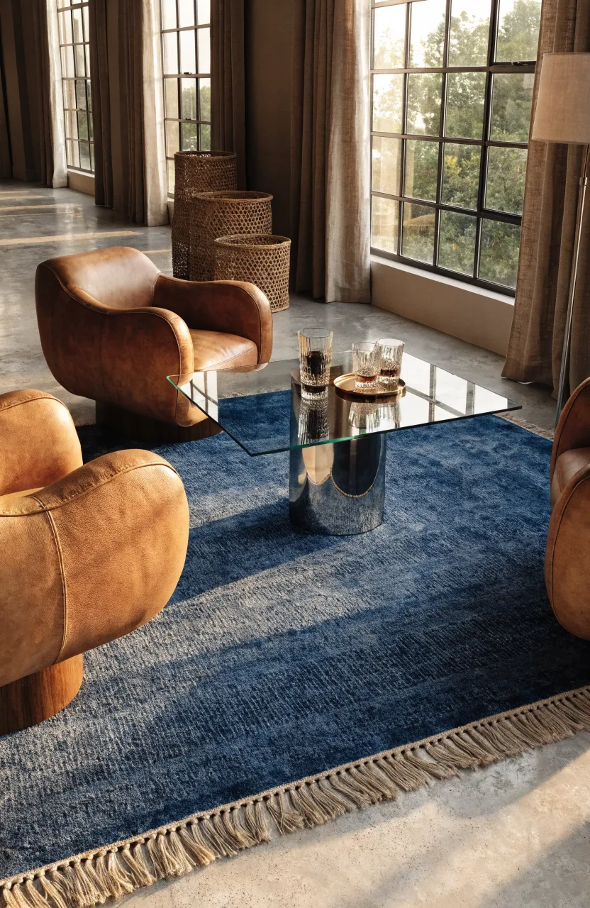 A sophisticated blue area rug with beige fringe in a modern living room with leather chairs.