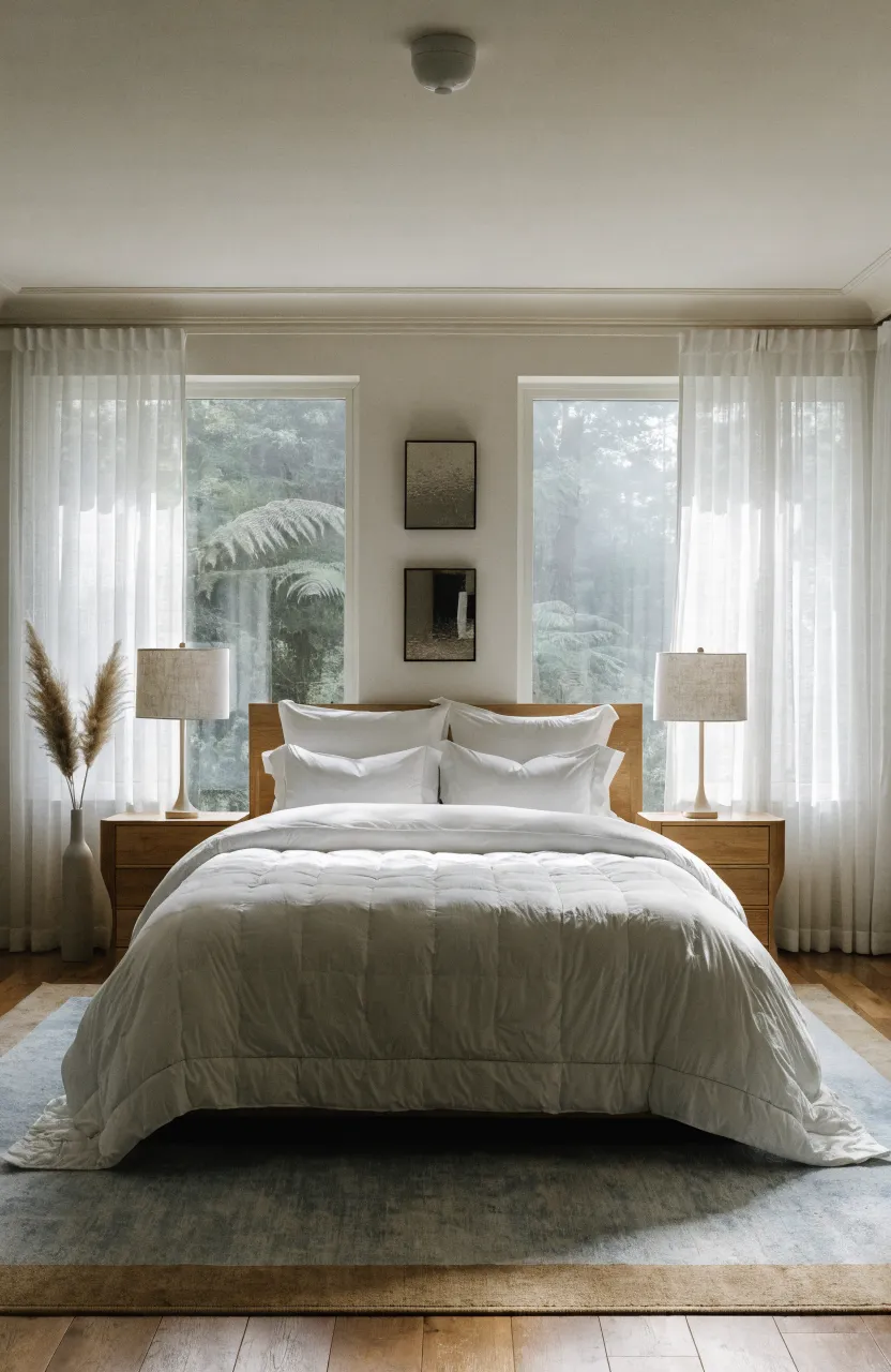 A peaceful bedroom with a light blue and tan bordered rug under a wooden bed with white linens.
