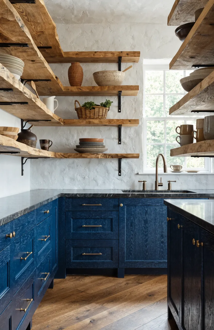 A boho kitchen featuring dark navy blue cabinets paired with rustic raw wood open shelves and ceramic dishware.