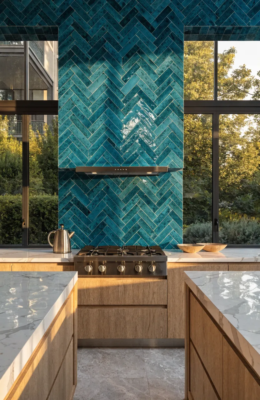 A kitchen wall with a shimmering teal blue herringbone tile backsplash and white marble countertops.