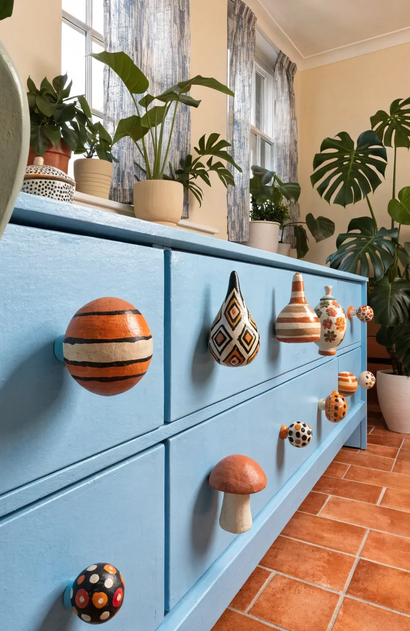Pastel blue kitchen drawers featuring decorative hand-painted ceramic knobs with colorful patterns.