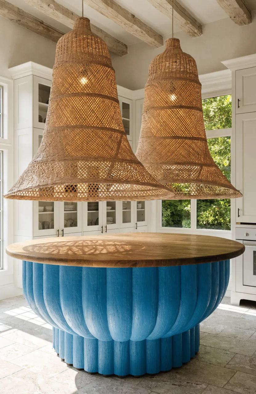 Large woven rattan pendant lights hanging over a blue kitchen island in a bright, airy room.