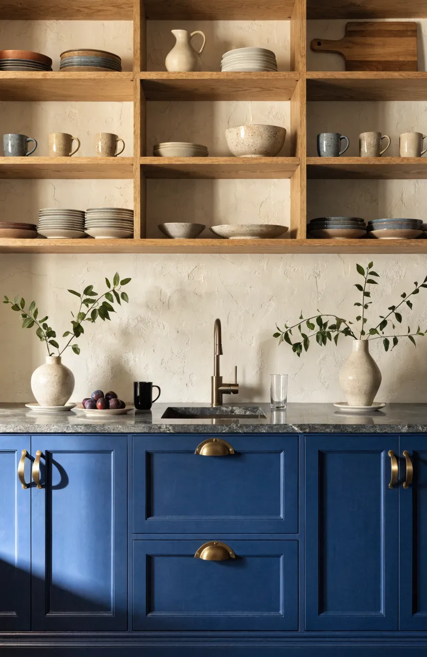 A kitchen with deep indigo lower cabinets and light oak floating shelves against a white wall.