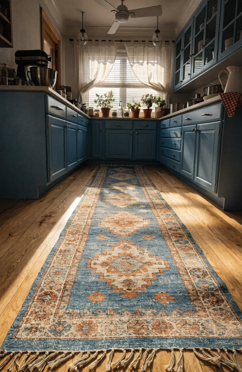 A vintage Turkish runner rug with azure and rust patterns on a kitchen floor between blue cabinets.