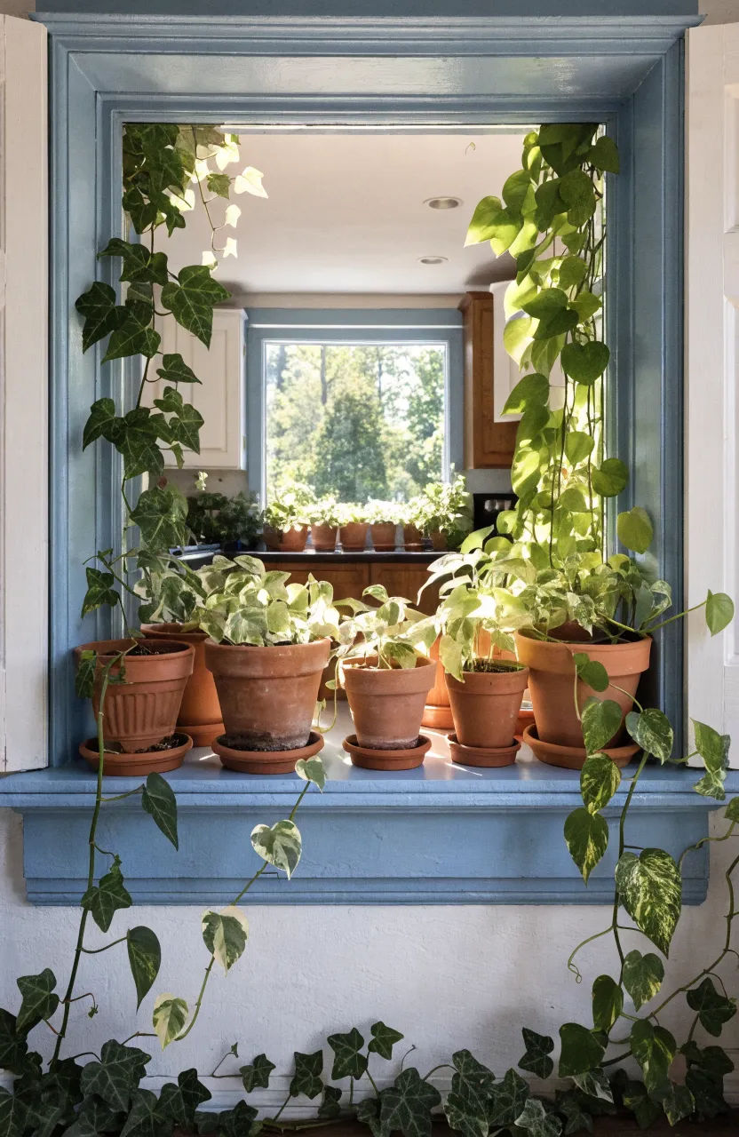 Green trailing plants in terracotta pots sitting on a dusty blue kitchen window sill in the sunlight.