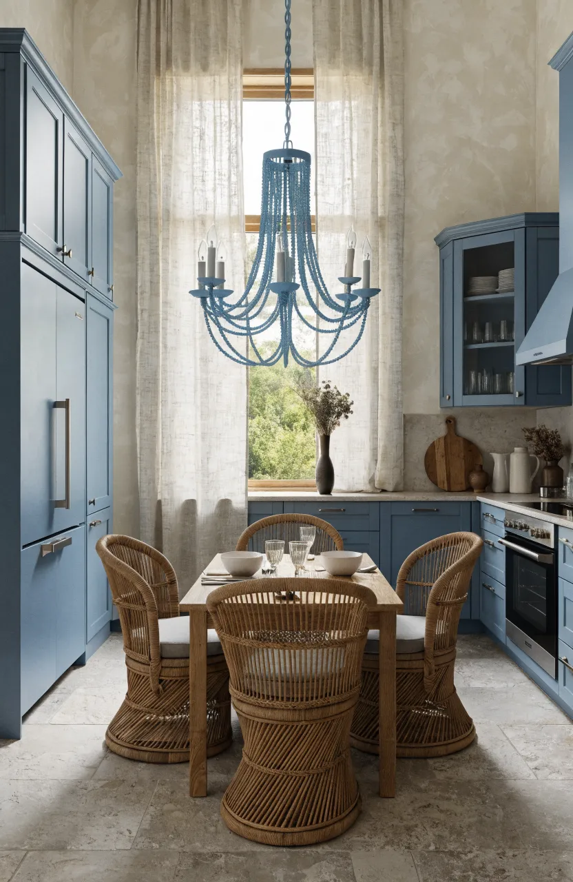 A cottage-style kitchen with blue cabinets and a sky blue wood bead chandelier over a dining table.