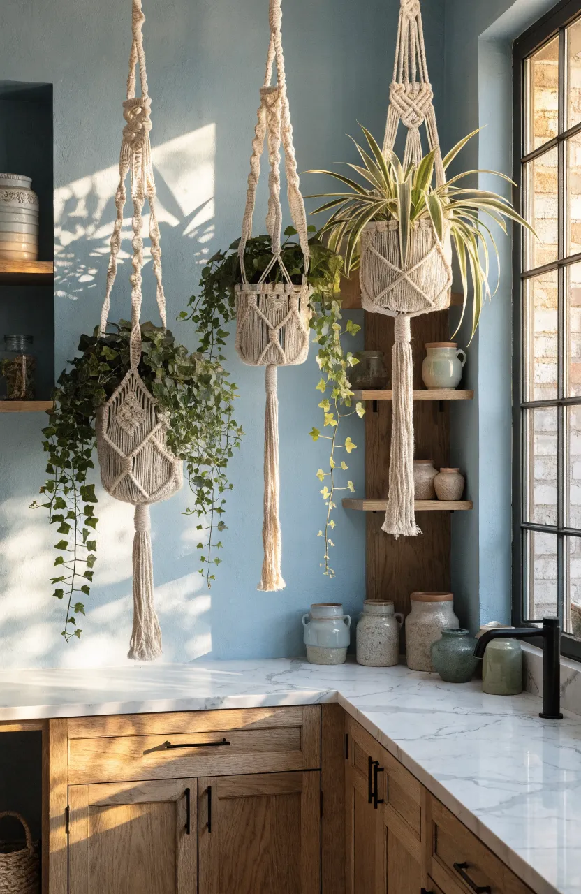 Cream macrame plant hangers with green plants against a pale blue kitchen wall in a boho home.