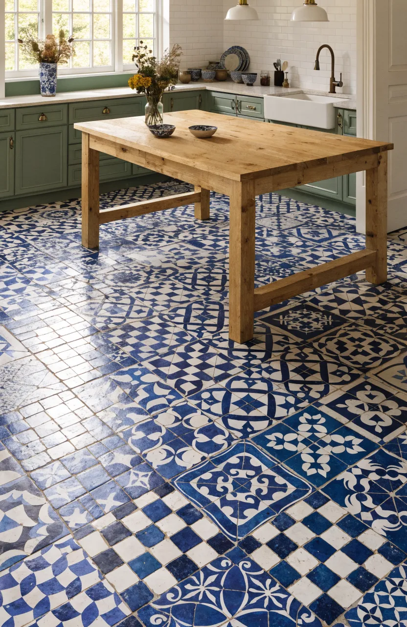 A kitchen floor featuring a patchwork of various blue and white patterned bohemian cement tiles.