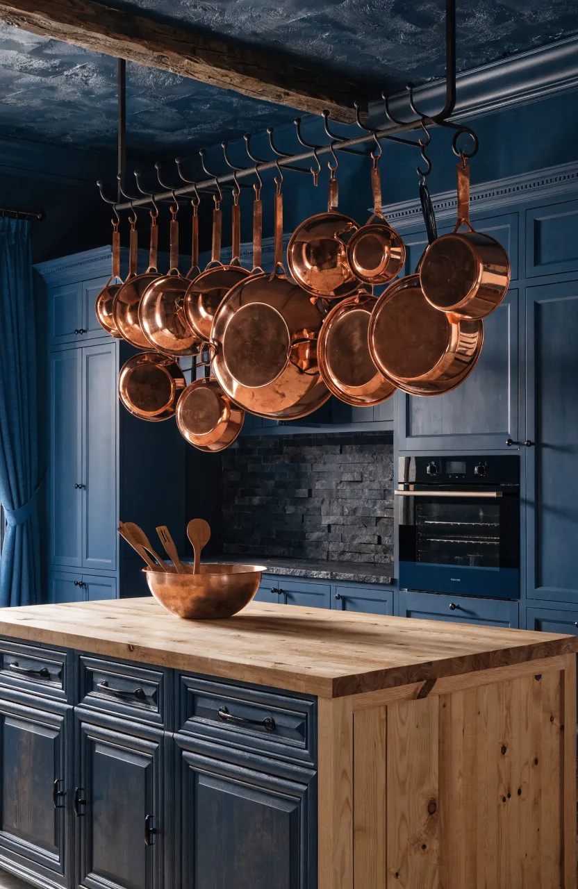 Polished copper pots hanging over a pine wood island in a kitchen with navy blue cabinets.