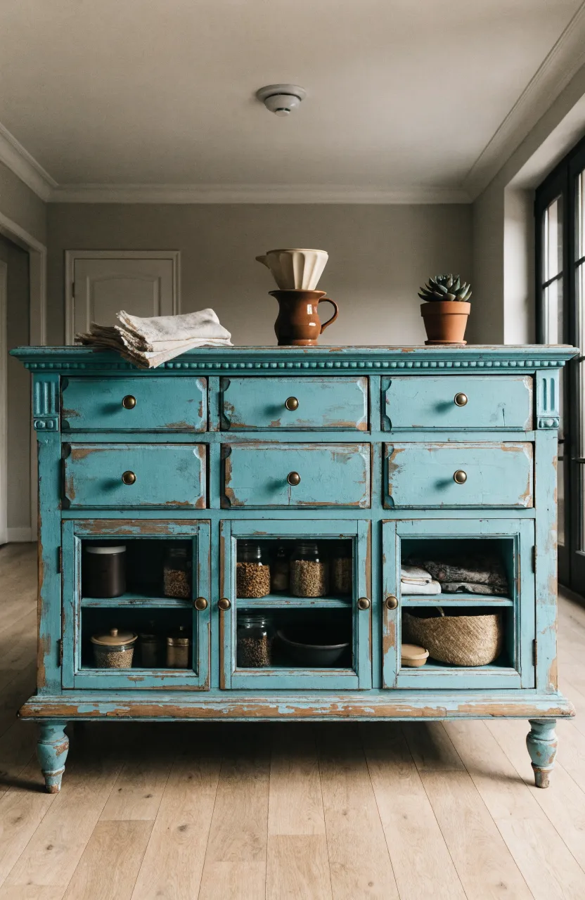 A vintage distressed turquoise sideboard with chipped paint in a neutral-toned bohemian kitchen.