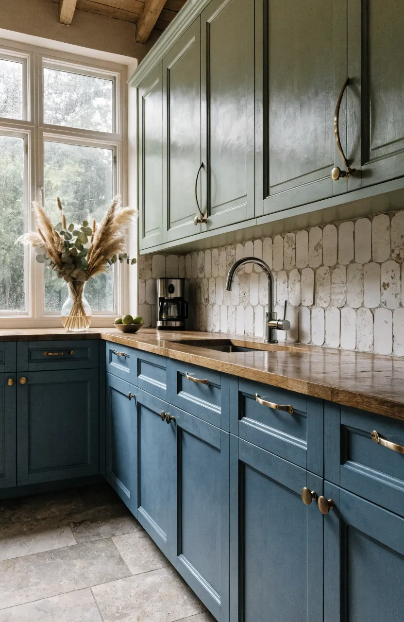 A kitchen with muted slate blue lower cabinets and sage green upper cabinets in a matte finish.