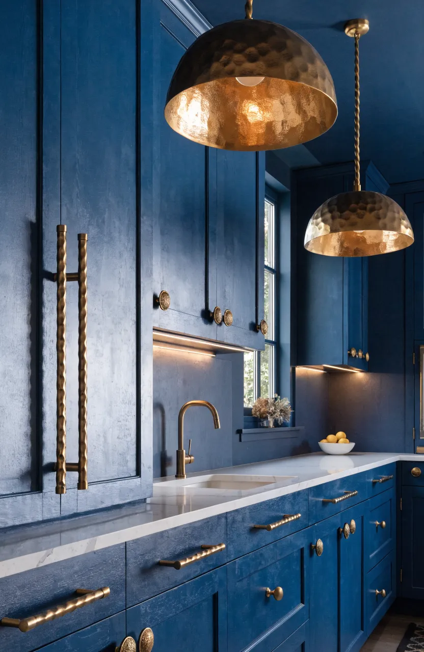 Matte midnight blue kitchen cabinets featuring warm hammered brass handles and knobs.