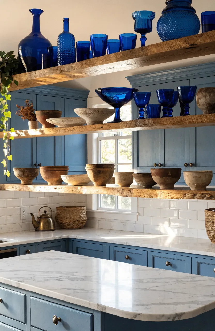 A wide, sunlit boho kitchen with blue walls, featuring open wood shelves styled with blue glass and clay bowls.