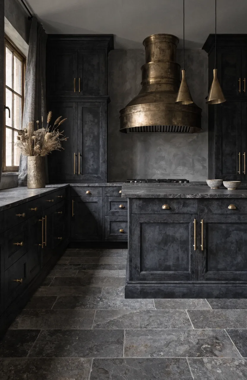 A moody kitchen featuring matte black cabinets with vintage aged brass handles and dark stone counters.