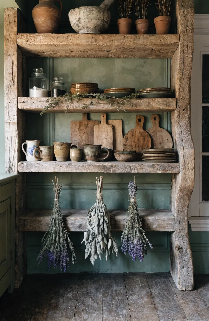 Reclaimed wood open shelves in a kitchen with hanging dried herbs and vintage stoneware.
