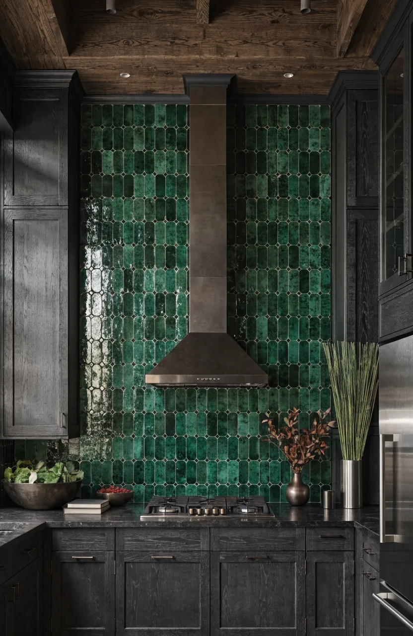 Deep emerald green tiled backsplash with dark grout in a moody, sophisticated kitchen setting.