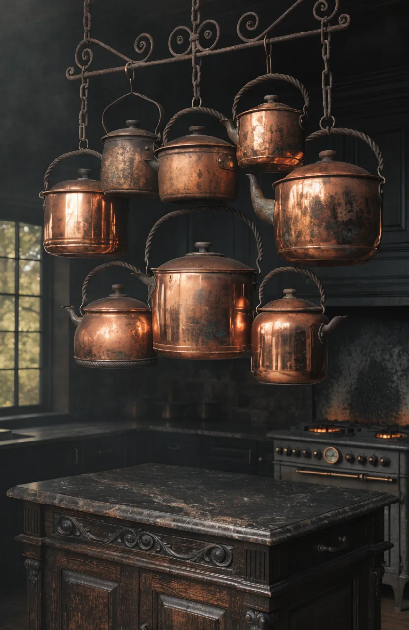 Antique copper pots with a natural patina hanging from a black iron rack in a dark kitchen.