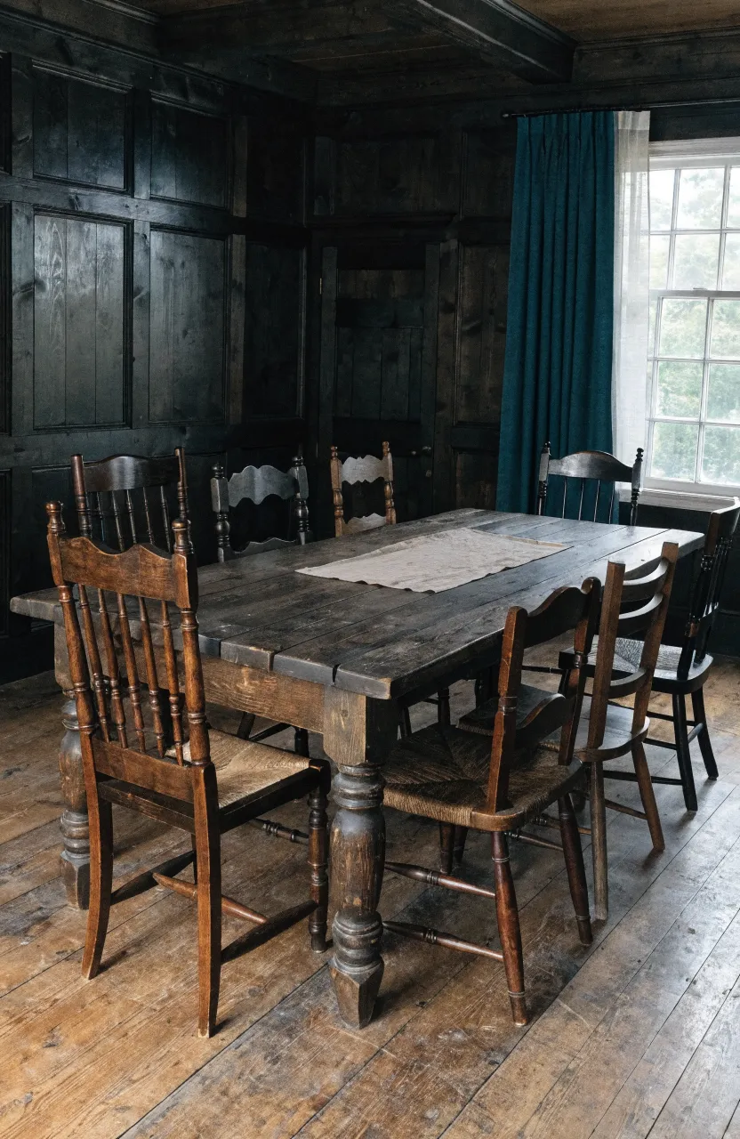 A variety of mismatched dark wood vintage chairs around a rustic kitchen dining table.