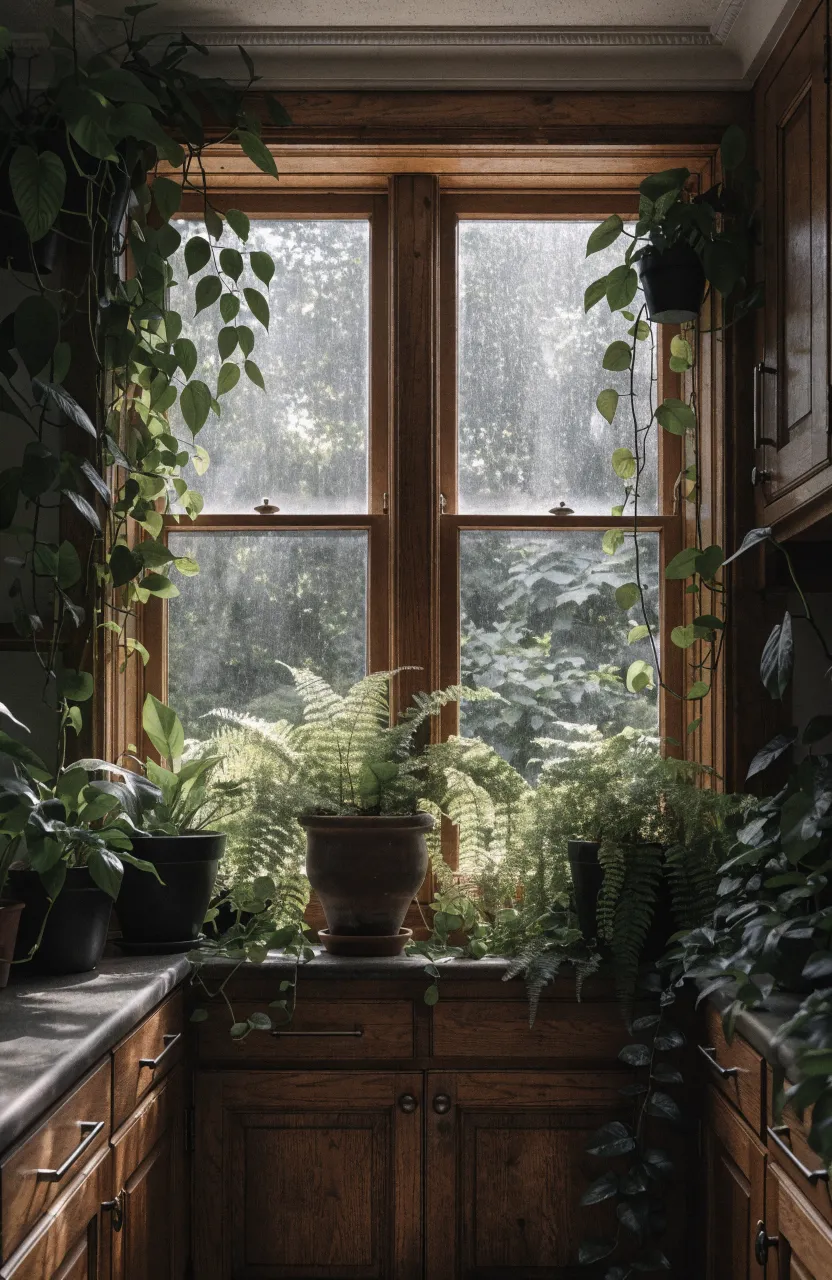 Green ferns and vining plants in dark pots on a kitchen window sill in a moody interior.