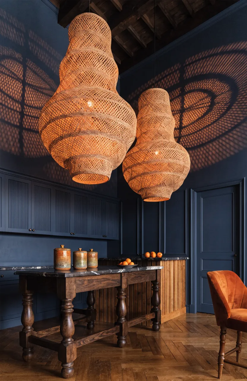 Large woven rattan pendant lights glowing with warm amber light in a dark, moody boho kitchen.