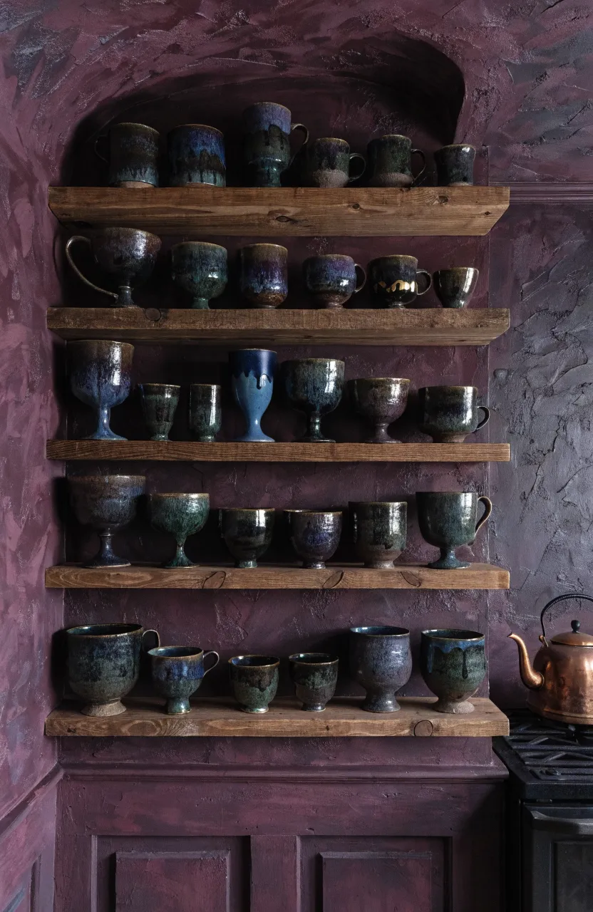Handmade ceramic mugs with dark glazes displayed on open wood shelves against a plum-colored wall.