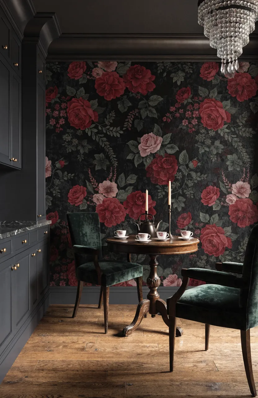 A kitchen dining nook with a dramatic dark floral wallpaper accent wall and vintage furniture.