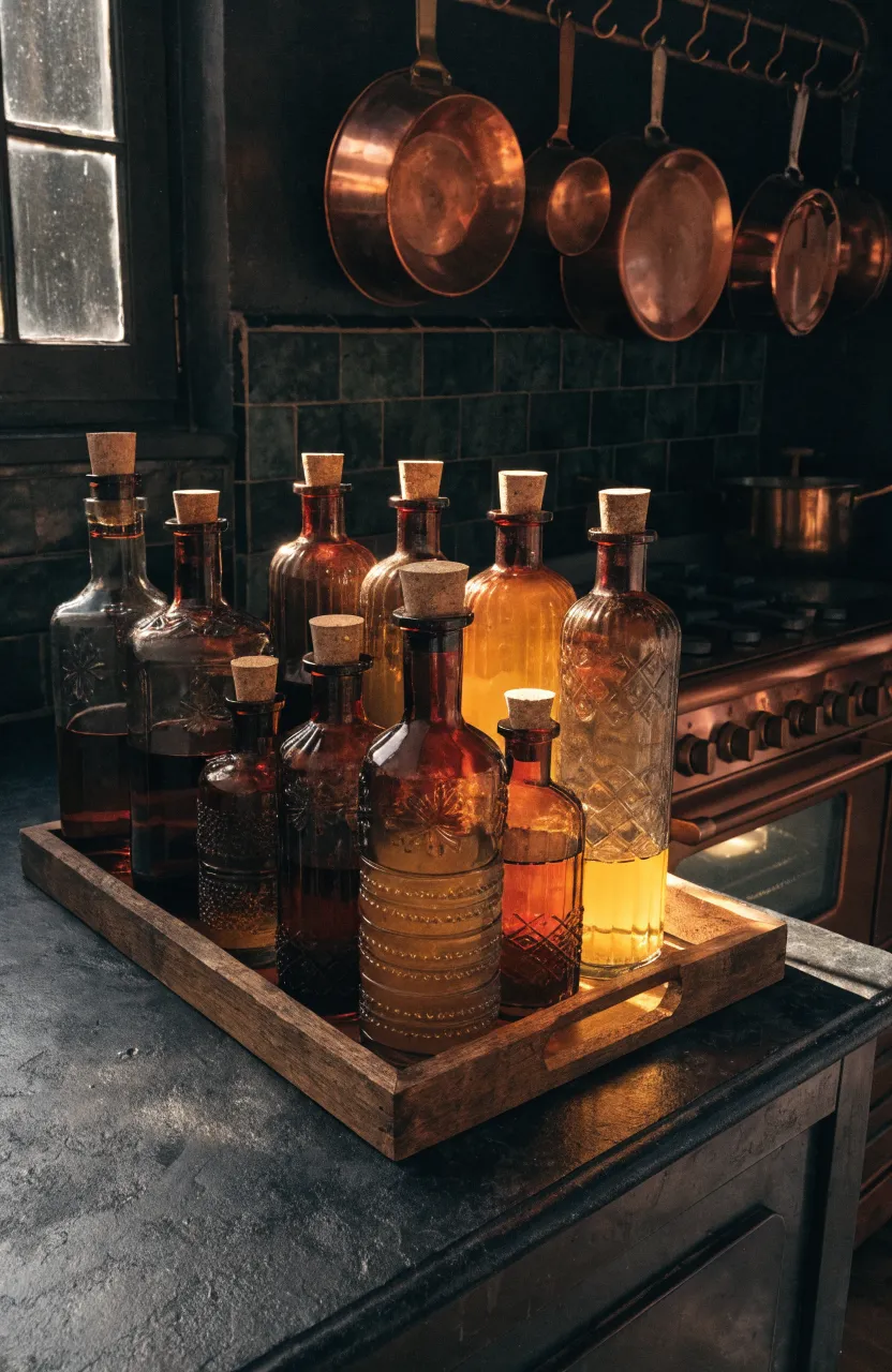 Amber glass apothecary bottles glowing on a dark kitchen counter next to a vintage stove.