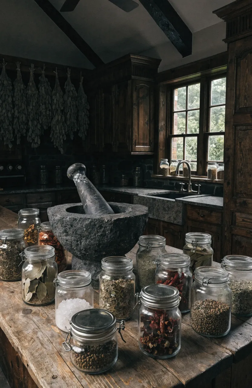 A heavy dark stone mortar and pestle on a kitchen island surrounded by jars of dried herbs.