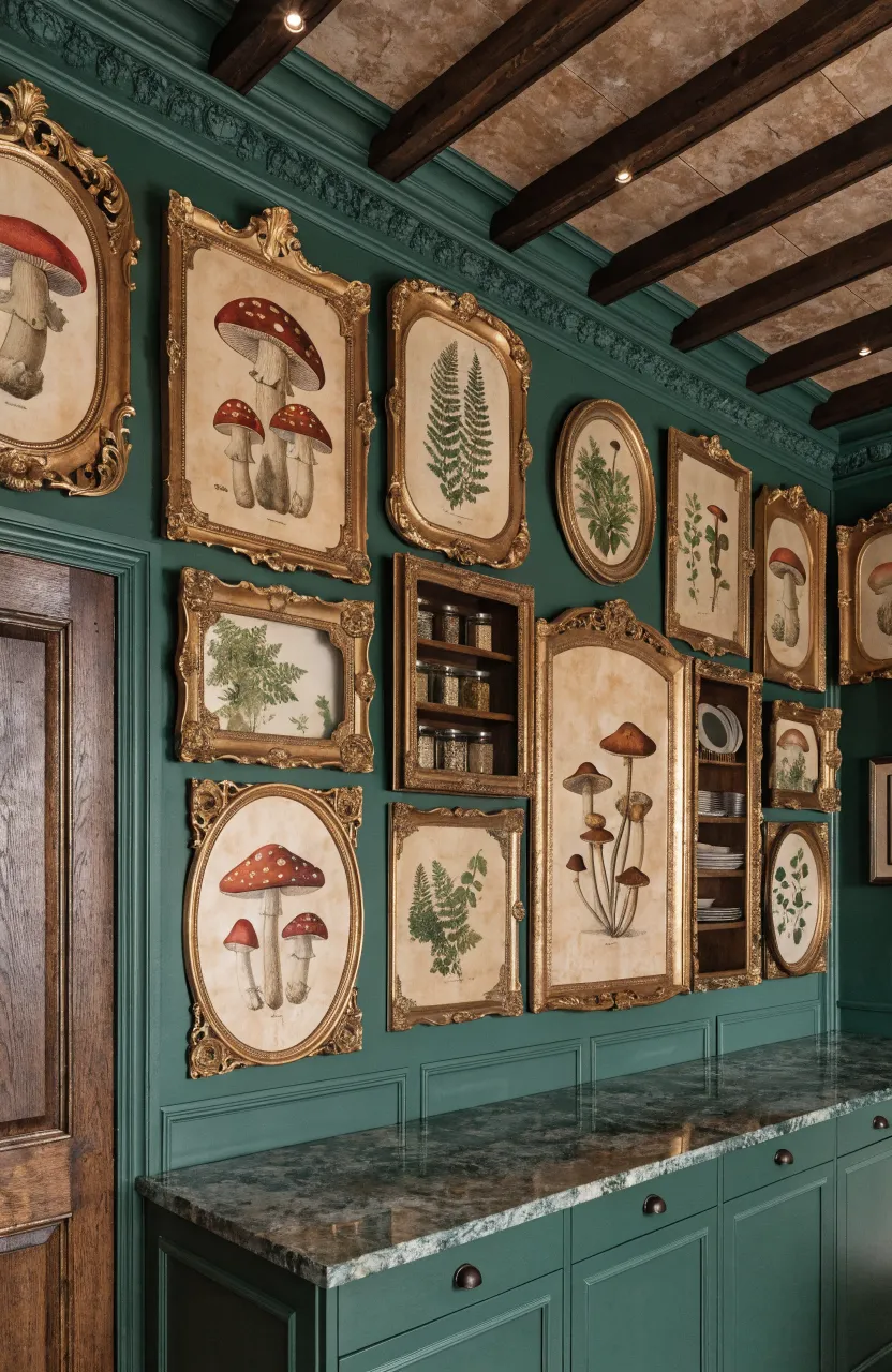 Victorian botanical art prints in ornate gold frames hanging on a dark green kitchen wall.