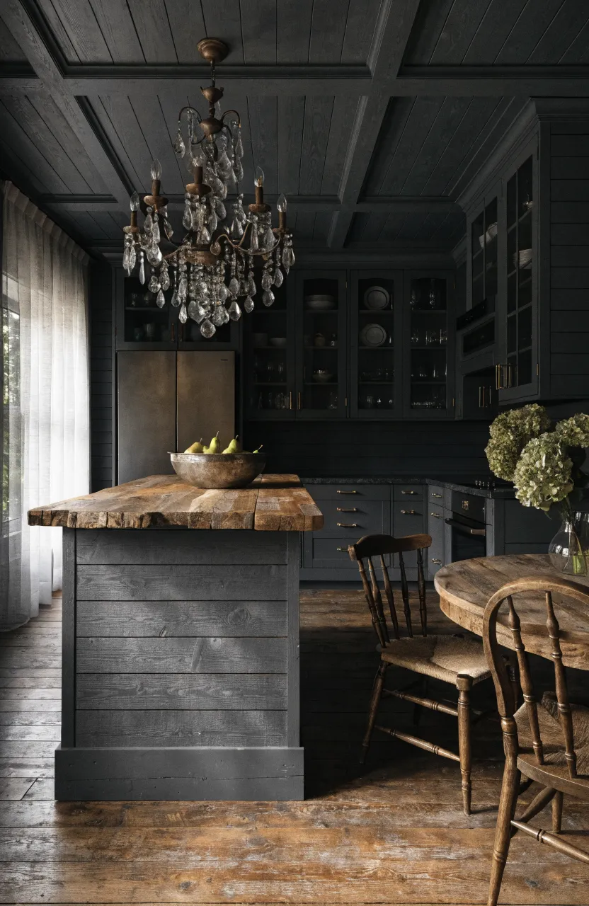 A moody boho kitchen with charcoal gray shiplap walls, a wood island, and vintage brass accents.