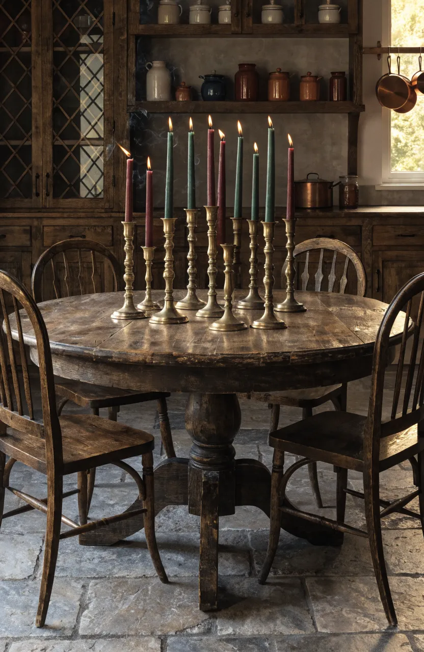 A collection of vintage brass candlesticks with dark tapers on a rustic kitchen table.