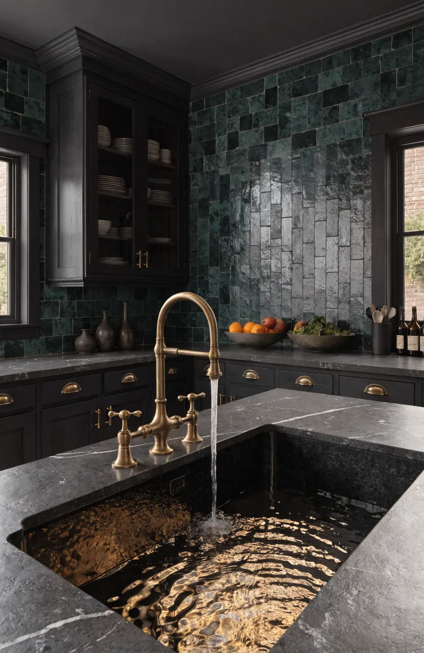 A black farmhouse sink with an antique brass bridge faucet in a dark, moody kitchen.