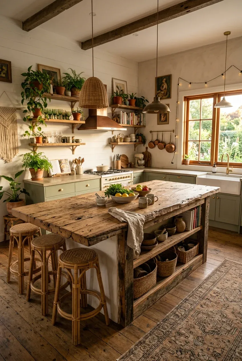 A large kitchen island with a raw reclaimed wood live-edge surface in a bright boho kitchen.