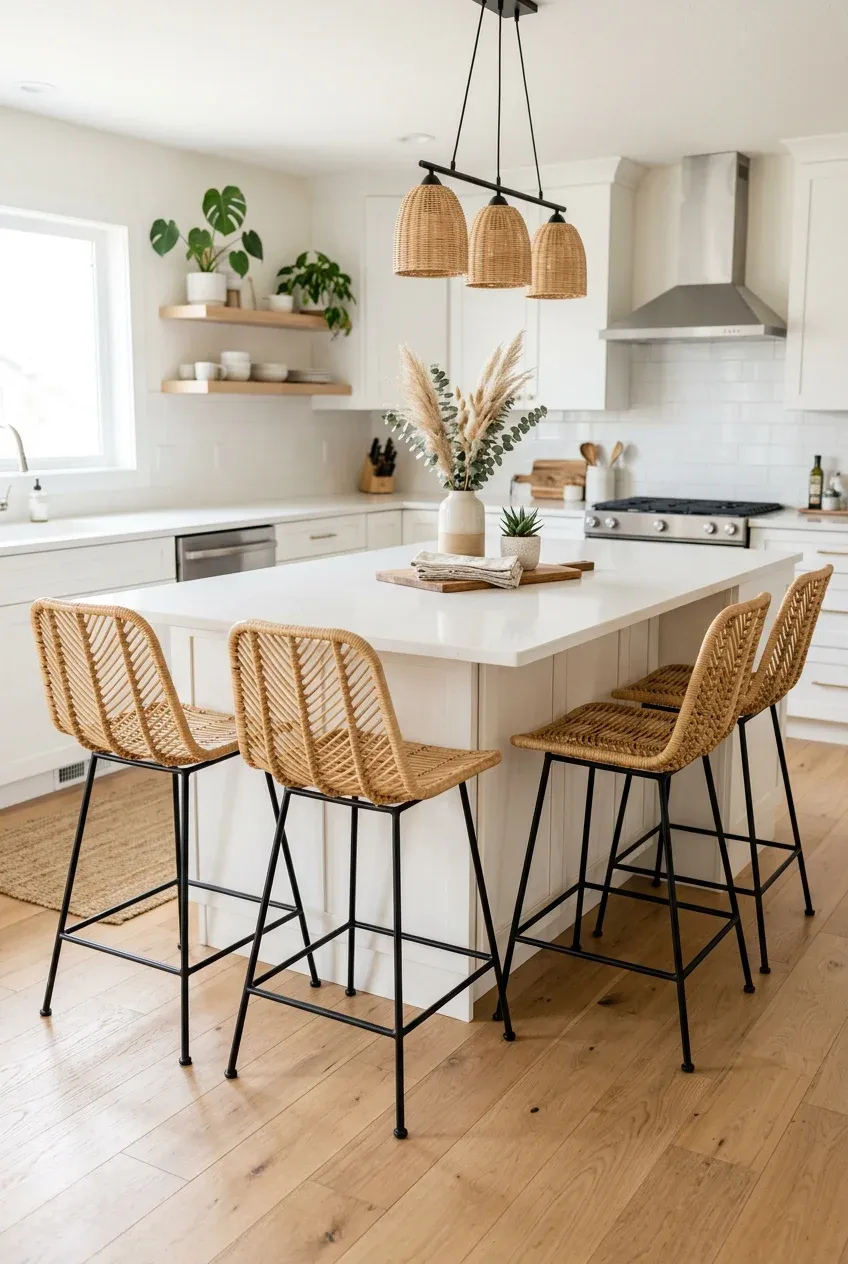 Woven rattan stools with black legs tucked under a white kitchen island in a sunny room.