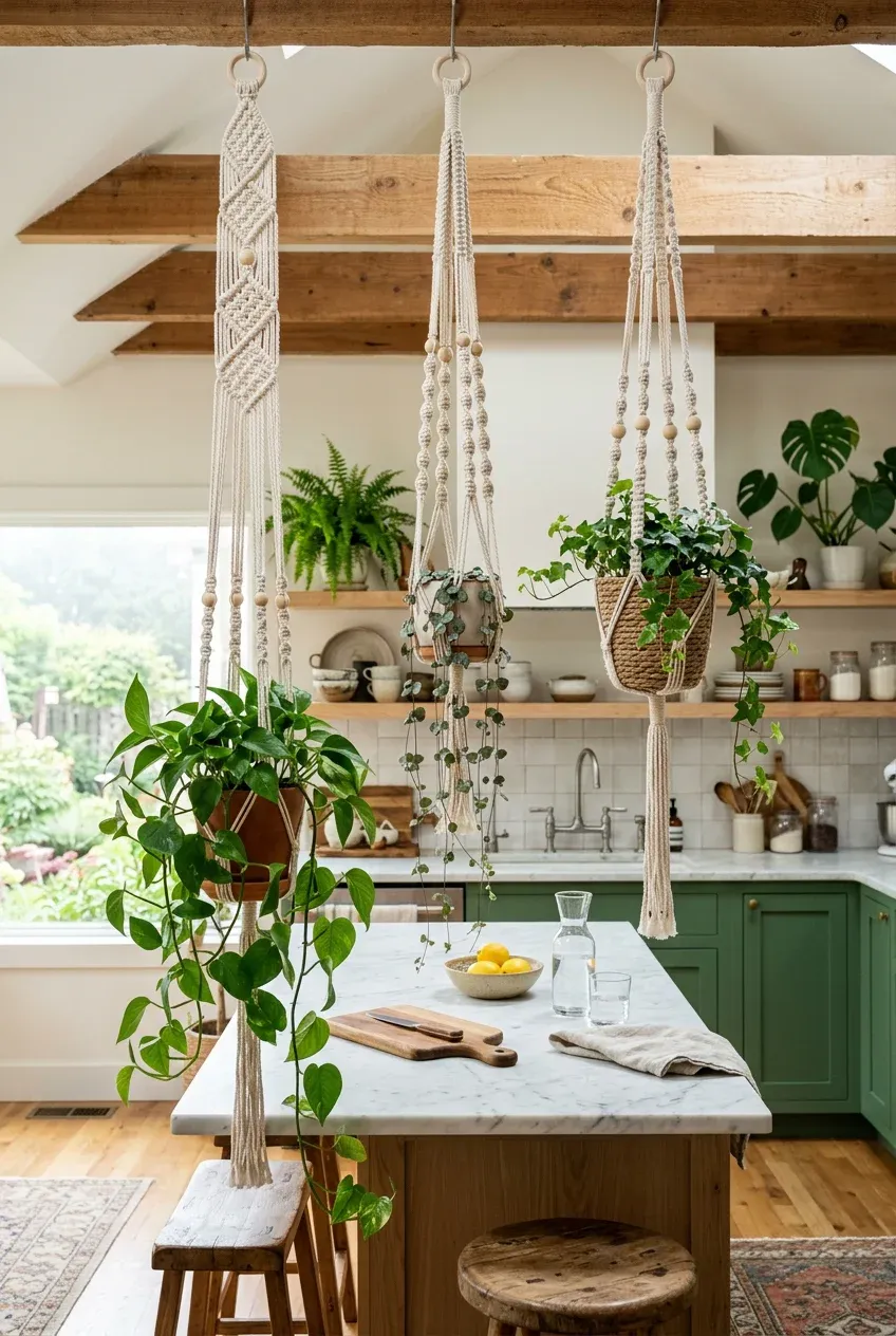 Green trailing plants in macramé hangers hanging above a kitchen island countertop.