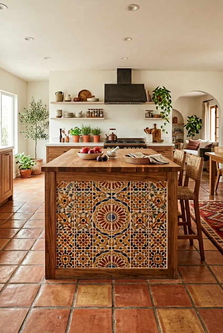The back of a kitchen island decorated with colorful hand-painted Moroccan geometric tiles.