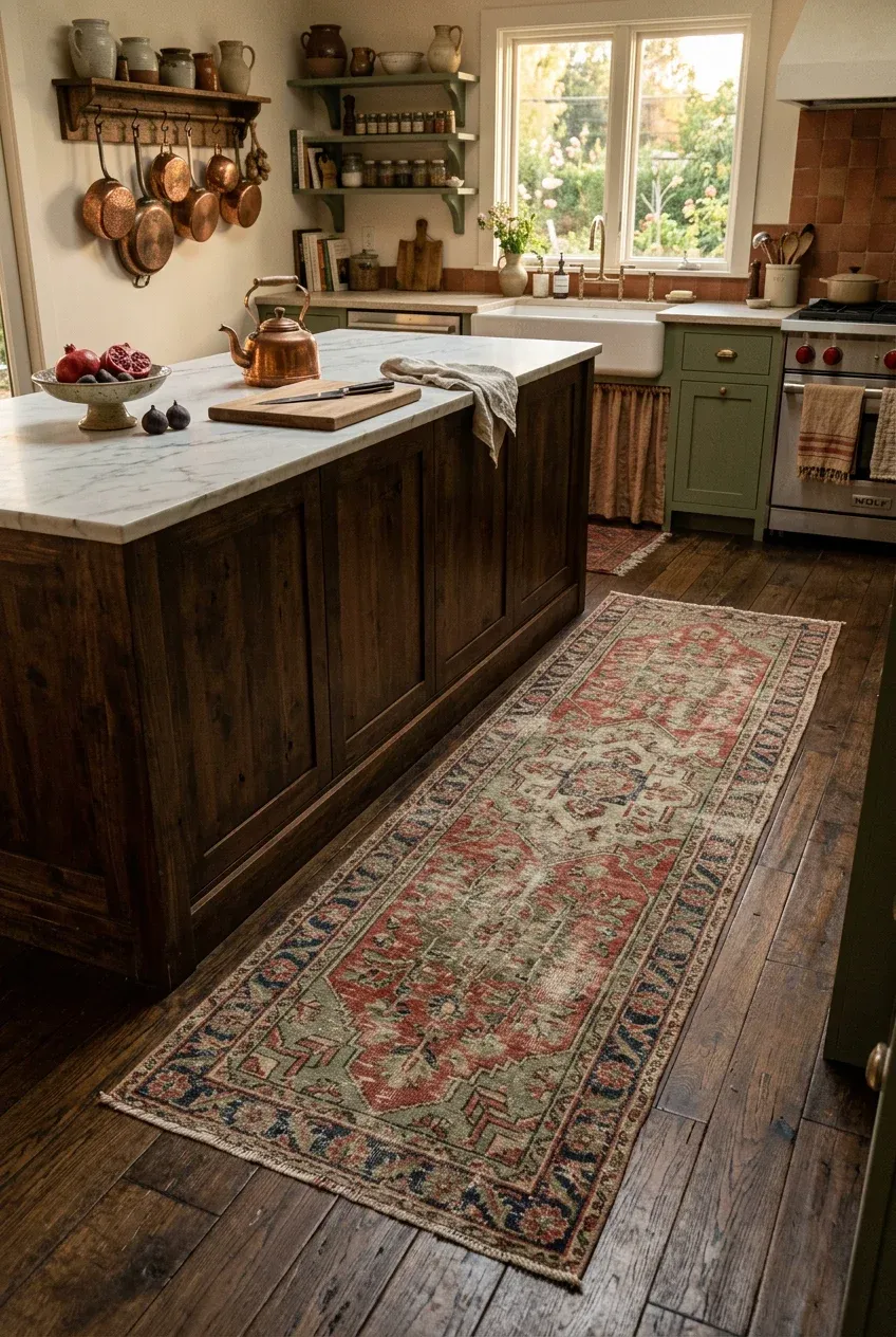 A faded vintage Turkish runner rug lying on the floor alongside a long kitchen island.