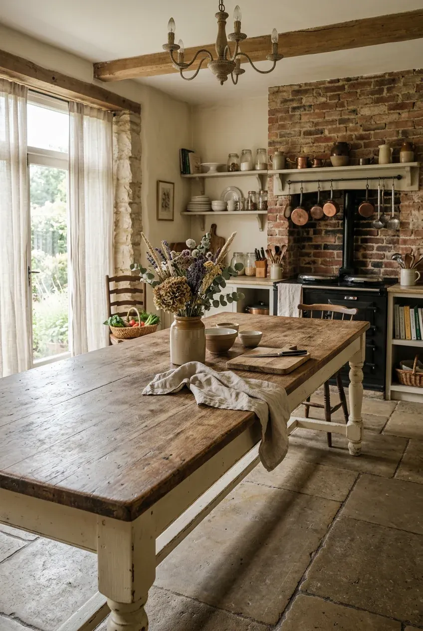 A rustic antique wooden farmhouse table serving as a central island in a boho kitchen.