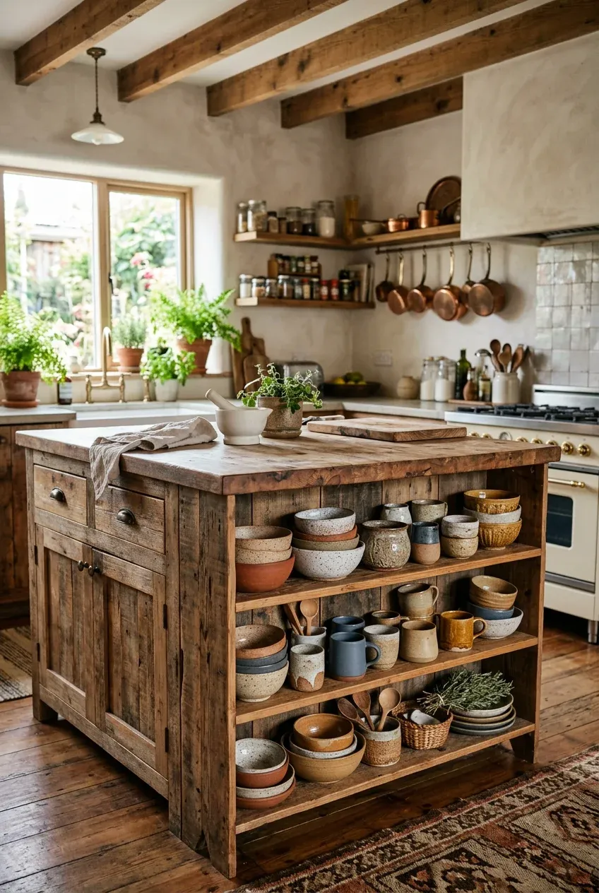 Open shelves on the side of a kitchen island filled with various handmade ceramic bowls.