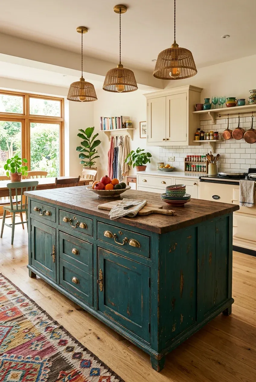 A distressed teal kitchen island with brass hardware in a bright, neutral boho-style kitchen.