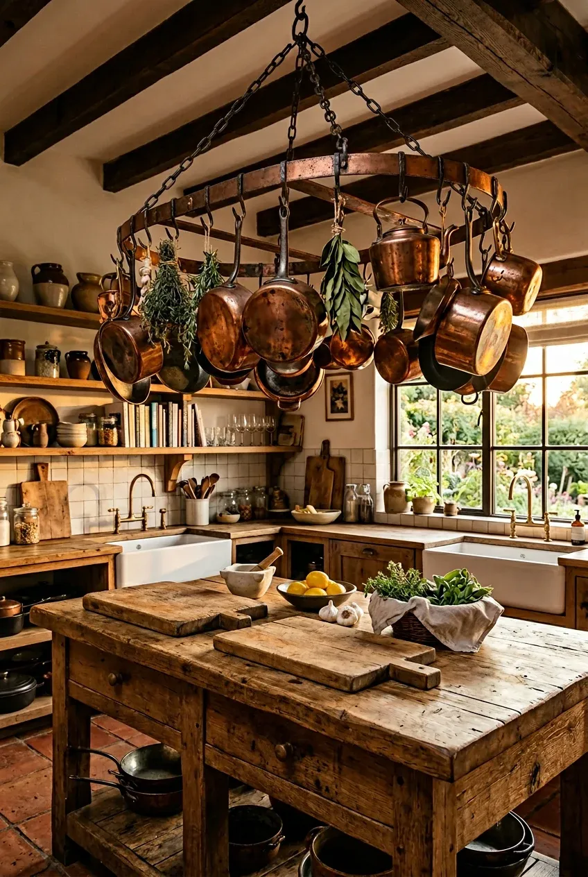 A hanging copper pot rack with vintage cookware over a wooden kitchen island in a boho kitchen.