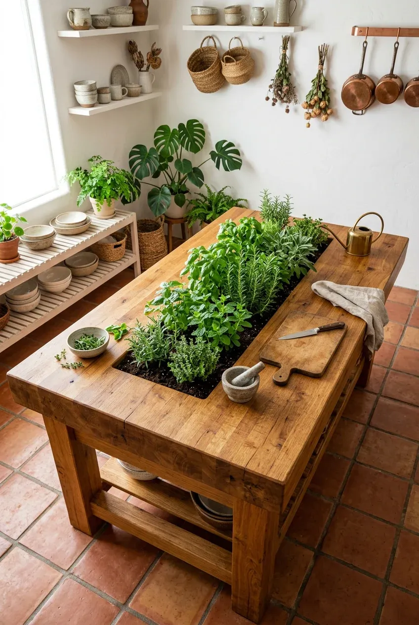 A thick butcher block kitchen island with a built-in herb garden featuring fresh basil and mint.