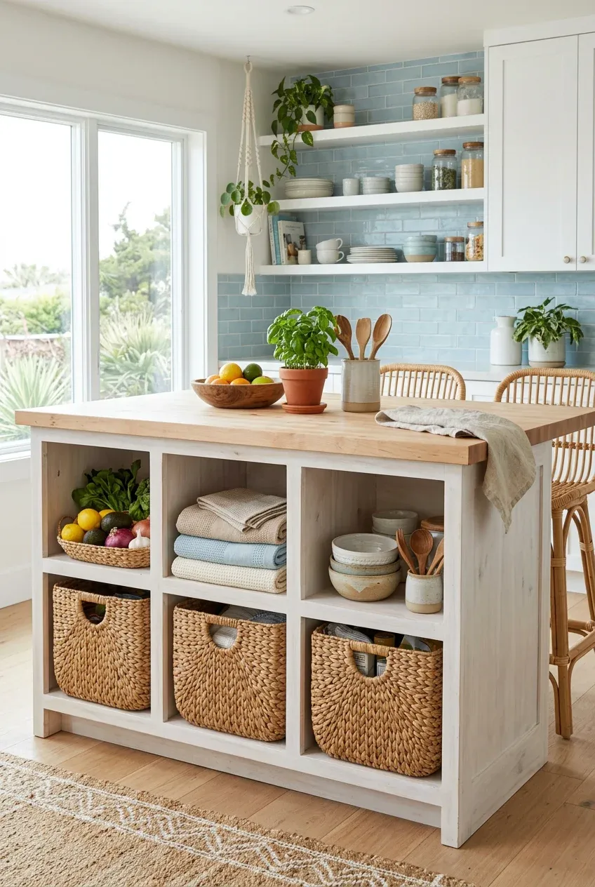 A kitchen island with open shelving containing large wicker storage baskets in a coastal boho home.
