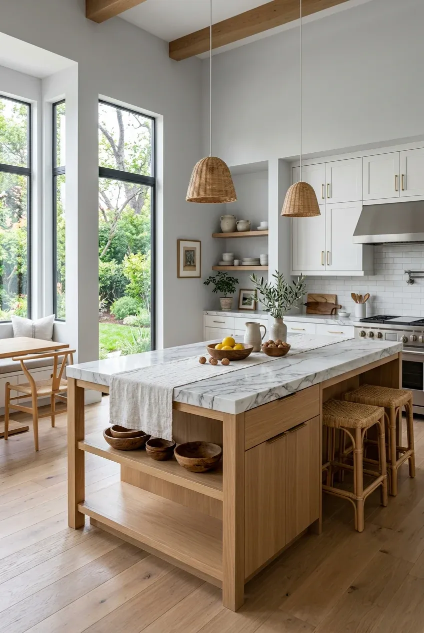 A modern boho kitchen island with a white marble top and a light oak wood base.